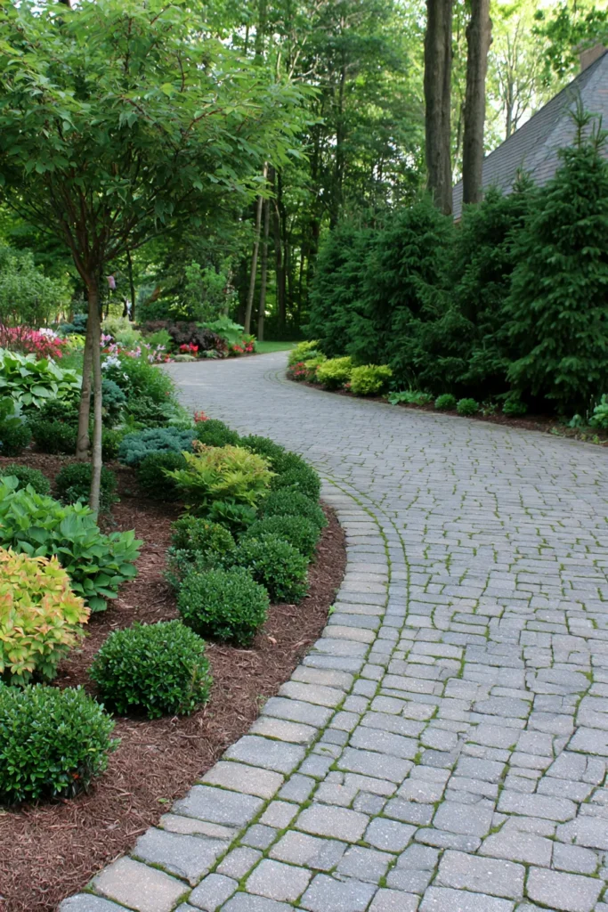 Curved brick paver driveway lined with rounded green shrubs, flowering plants, and tall trees creating a lush landscape leading to a house
