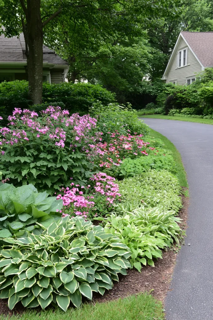 Pink phlox and hostas line a curved asphalt driveway with mature trees and houses in the background
