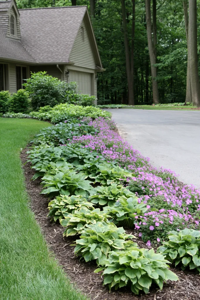 Gray colonial house with manicured driveway bordered by large hostas and purple flowering plants, tall trees in background