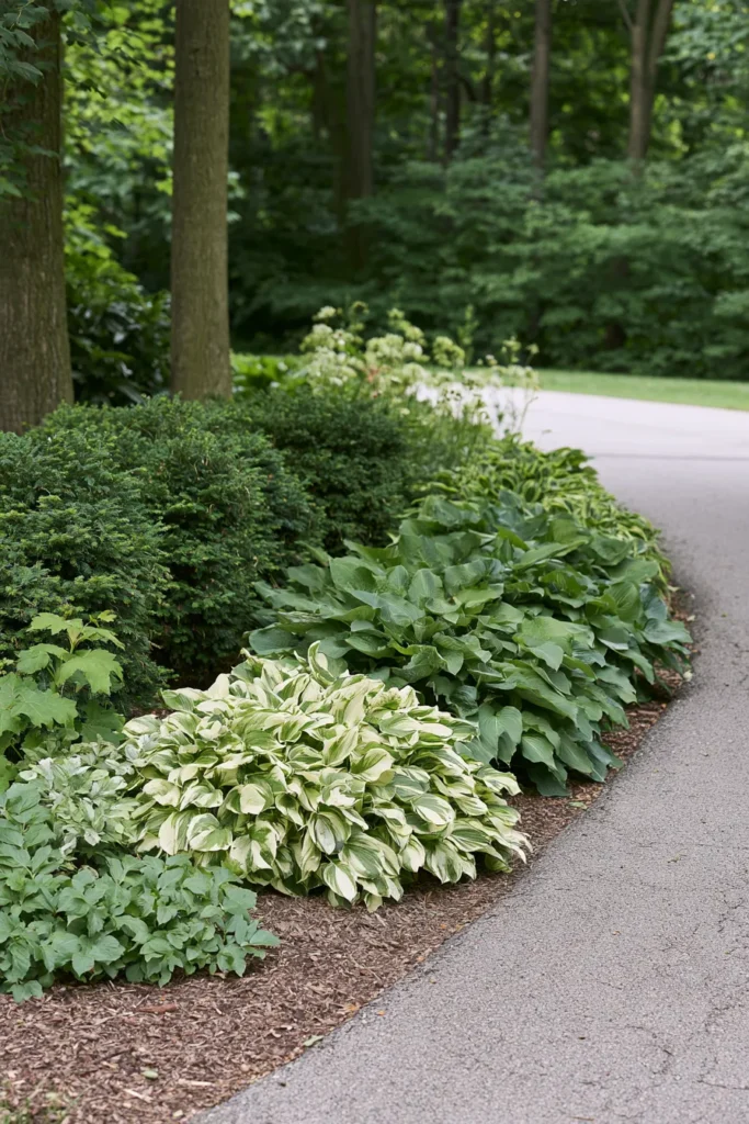 Shaded driveway border with layered green and variegated hostas, boxwood hedge, and white flowering shrubs against tall forest trees