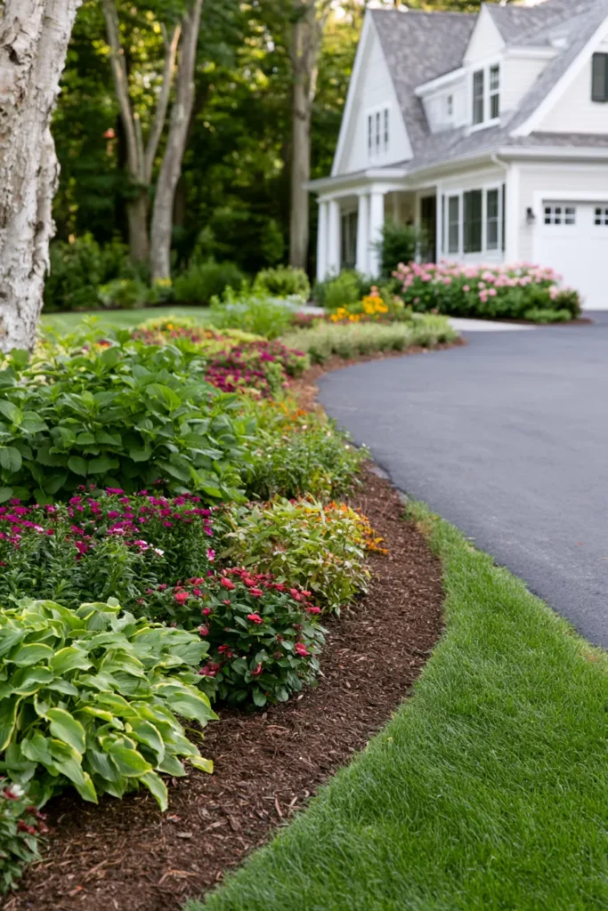 Curved driveway border with magenta flowers, green shrubs, and mulch edging a white farmhouse with gray roof and mature trees
