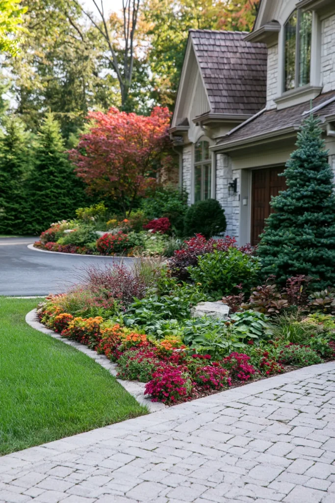 Stone driveway with colorful fall landscaping bed featuring red and pink flowering plants, green shrubs, and blue spruce beside a white stone house with dark roof