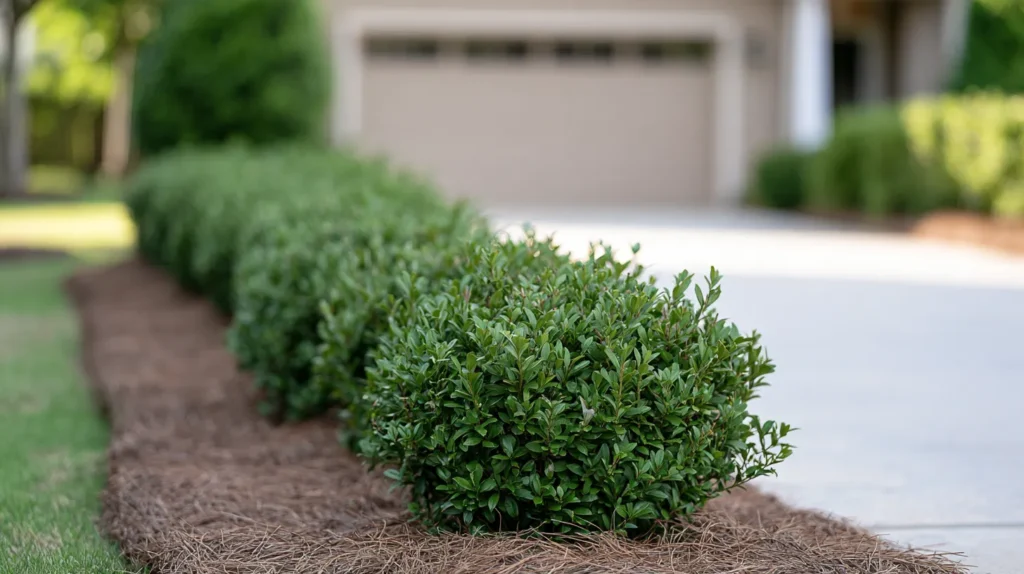 Row of green boxwood shrubs lining a driveway with mulch and garage visible in background