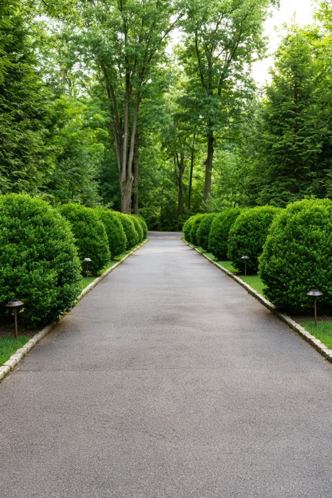 Paved driveway lined with manicured green hedges and tall shade trees creating an elegant formal garden entrance