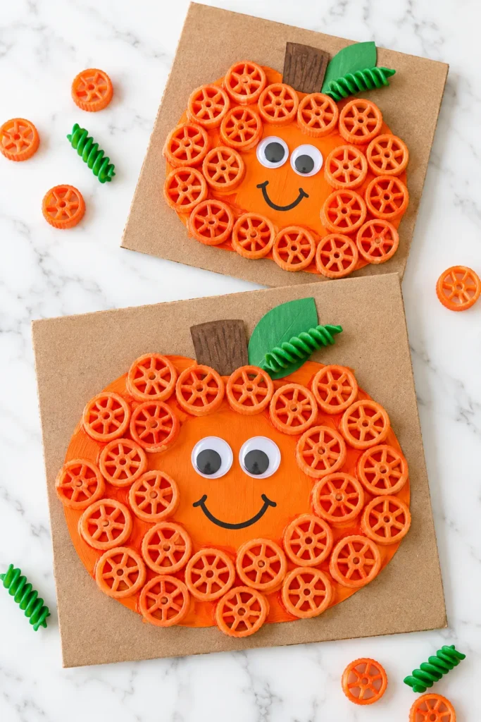 Two cheerful orange pumpkin crafts made with orange paper slices, googly eyes, and smiling faces on kraft paper against a marble background