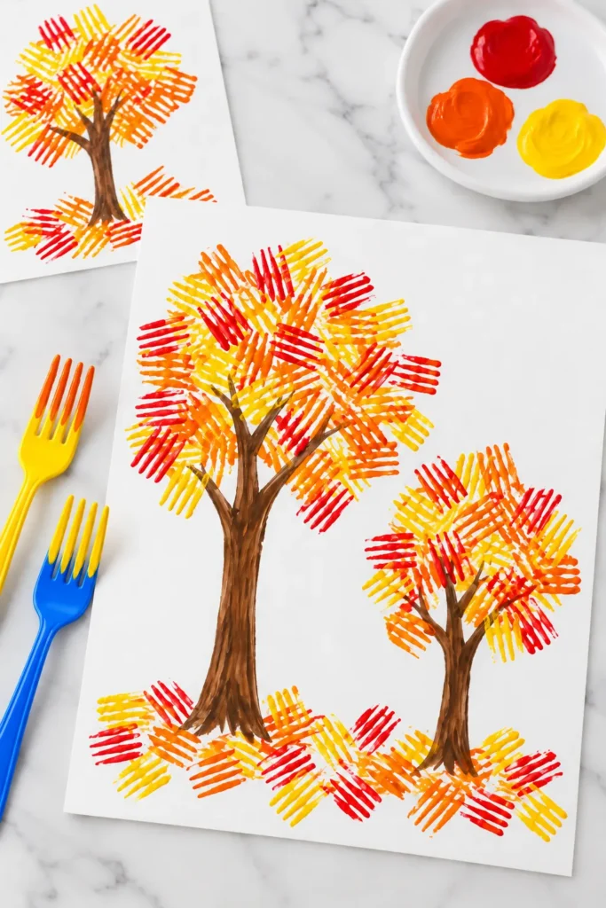 Autumn trees made with plastic forks dipped in red, yellow, and orange paint on white paper with a palette and fork nearby