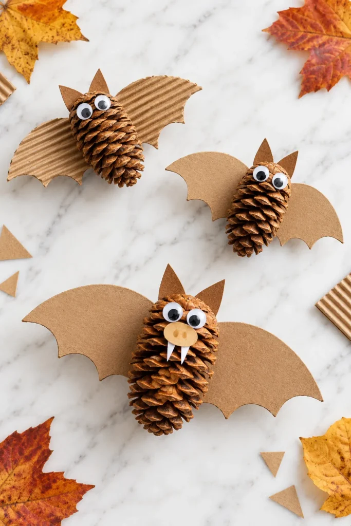 Adorable pinecone bats with googly eyes and cardboard wings arranged on marble with autumn leaves