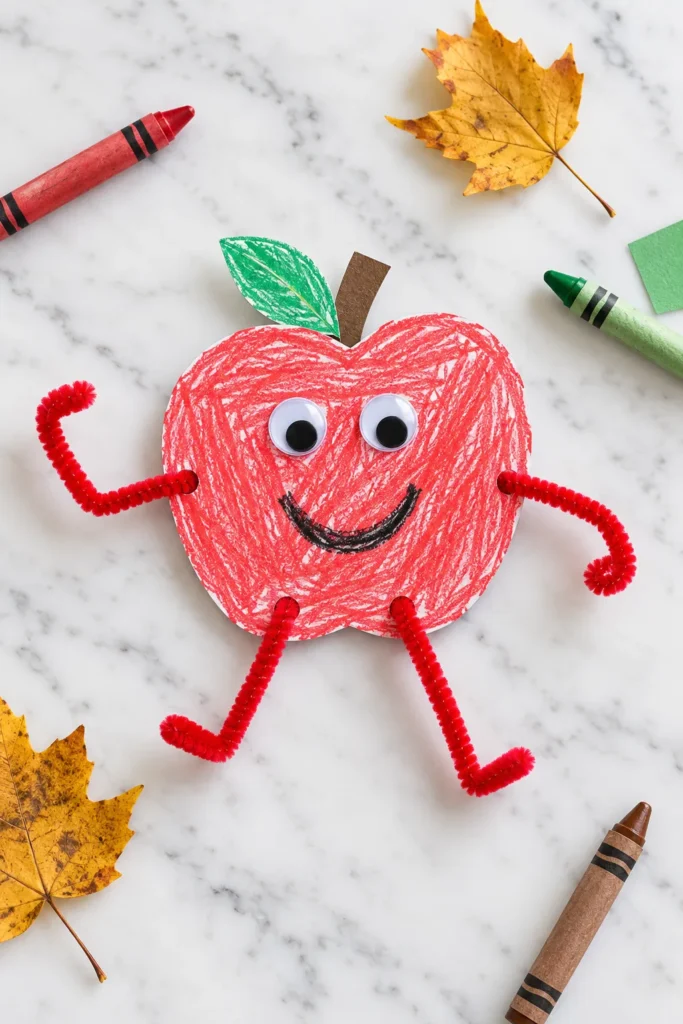Cheerful red crayon apple character with googly eyes and fuzzy pipe cleaner arms and legs on marble background surrounded by autumn leaves and crayons