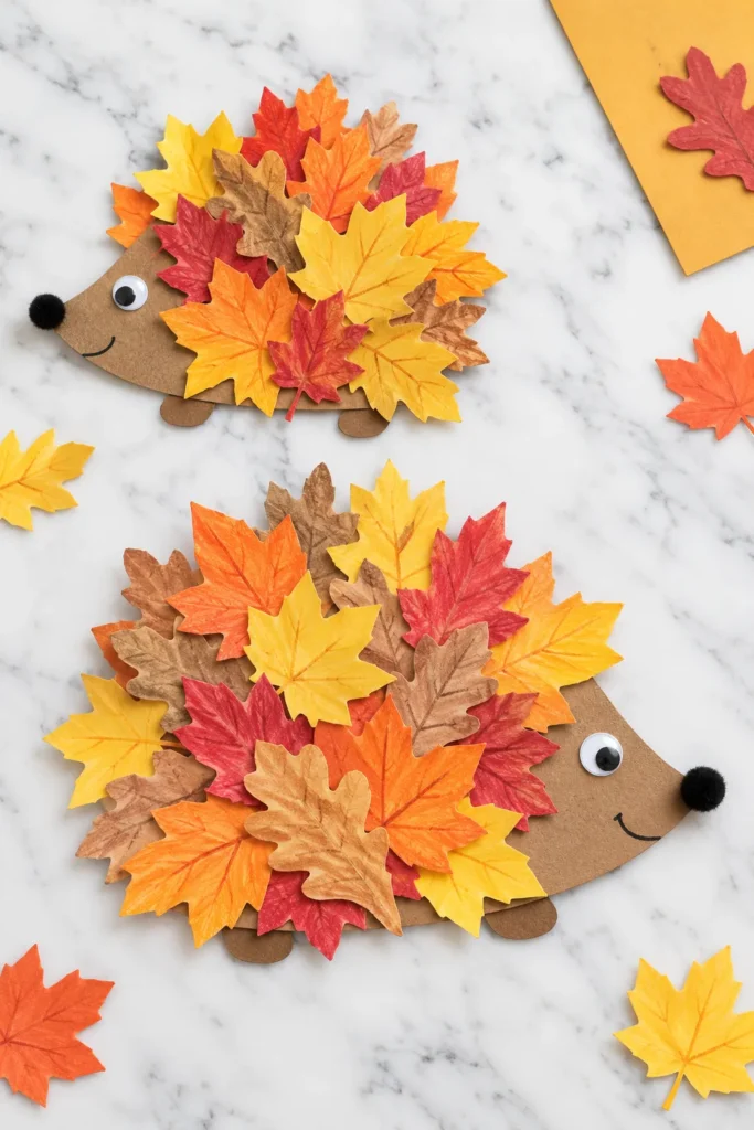 Two cardboard hedgehogs decorated with colorful fall leaves in yellow, orange, red, and brown on marble surface
