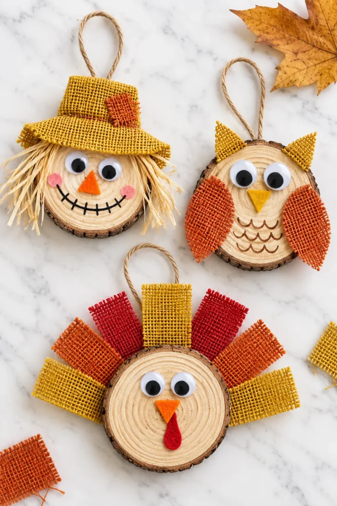 Three wooden slice fall character ornaments with googly eyes: a scarecrow with straw hair and yellow hat, an owl with red and brown fabric wings, and a turkey with colorful fabric feathers, on marble background with dried leaf