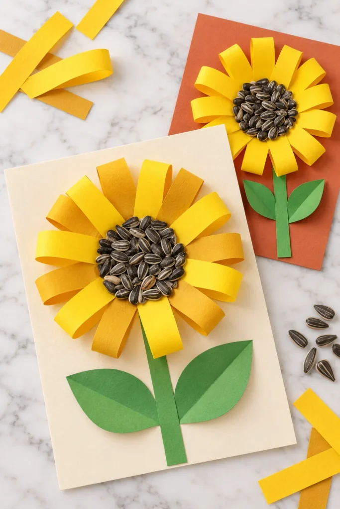 Handmade sunflower crafts with yellow paper petals, sunflower seeds, and green stems on cream and orange cardstock