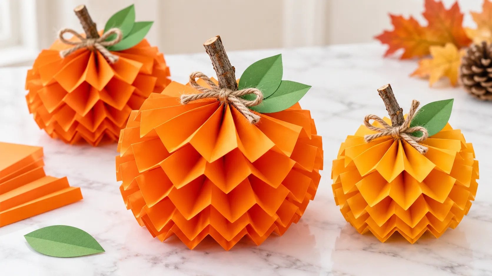 Three handmade paper pumpkins in orange and yellow with twine-tied stems and green leaves on a marble surface, surrounded by fall leaves and pinecones