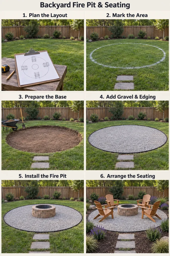 Six-step progression of backyard fire pit installation from planning layout to finished seating area with Adirondack chairs and landscaping