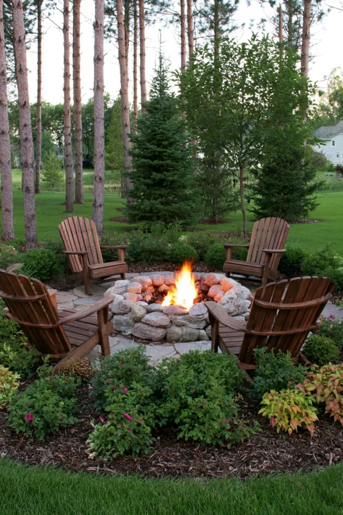 Four wooden Adirondack chairs surrounding a stone fire pit with active flames, surrounded by shrubs and evergreen trees in a spacious backyard
