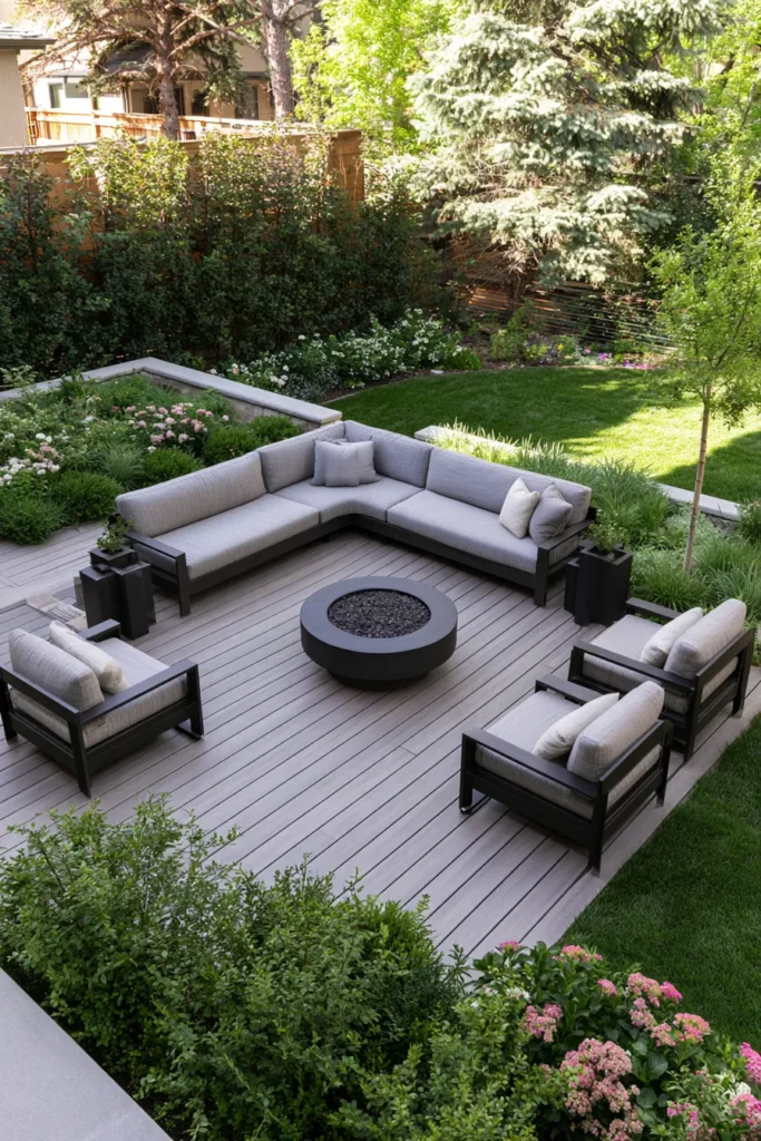 Modern backyard with gray composite deck, black metal seating arranged around a round fire pit, lush green lawn, flowering shrubs, and tall trees providing privacy