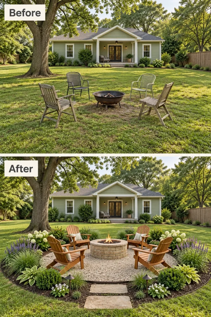 Backyard transformation showing fire pit landscaping before and after, with Adirondack chairs, gravel seating area, and flowering plants surrounding the stone fire pit
