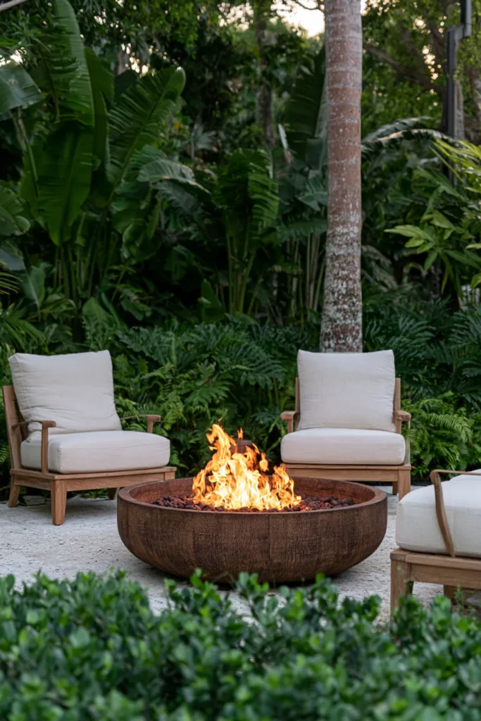 Two wooden lounge chairs with white cushions flank a burning bowl fire pit surrounded by tropical plants and palm trees