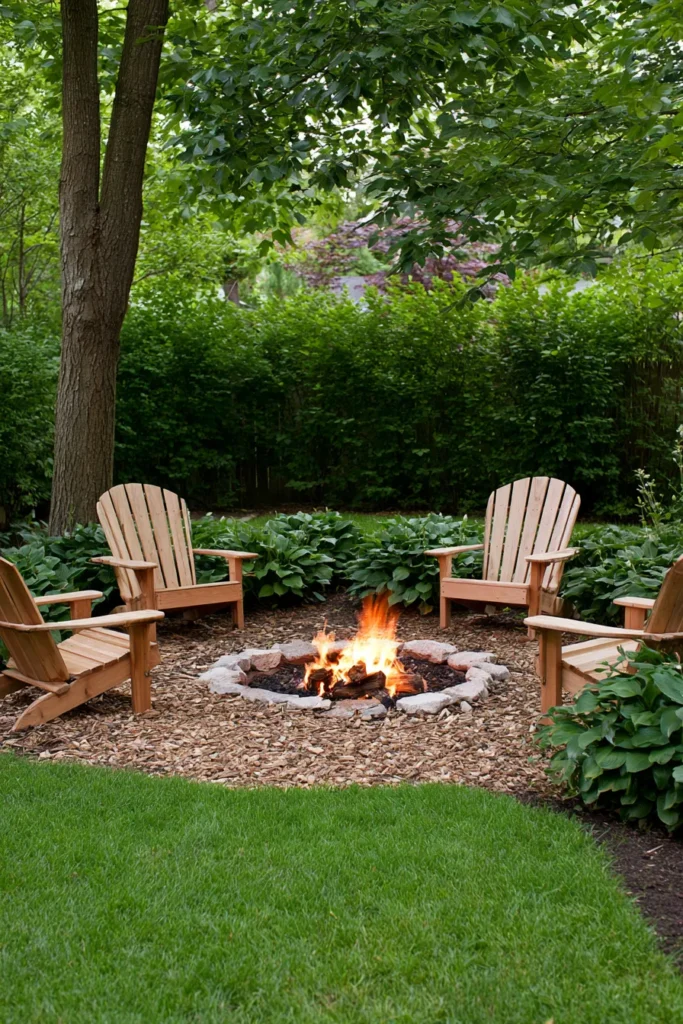 Wooden Adirondack chairs arranged around a burning fire pit surrounded by gravel, with lush green hedges and flowering shrubs in the background
