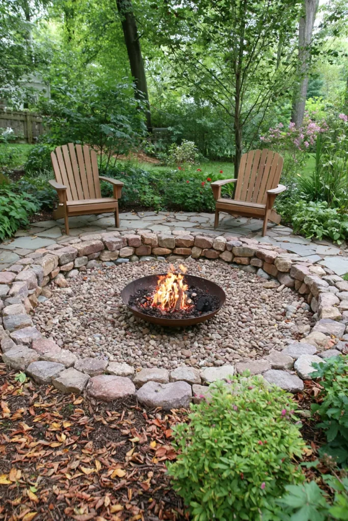 Two wooden Adirondack chairs facing a stone fire pit with active flames, surrounded by lush green garden and mature trees
