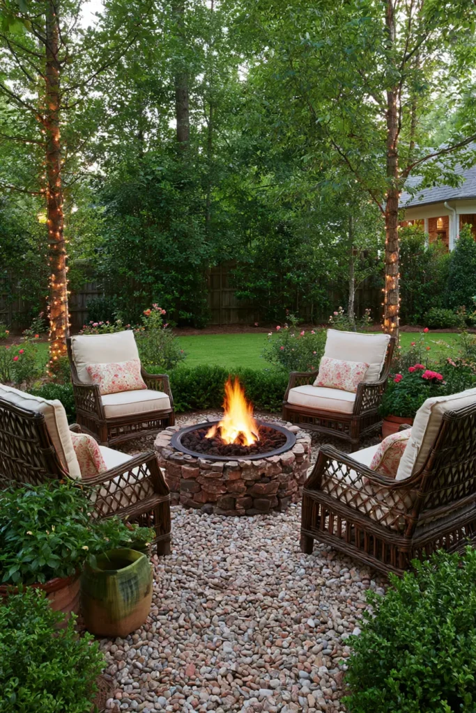 Four cushioned chairs arranged around a stone fire pit with active flames, set on gravel in a lush backyard with trees strung with lights and flowering shrubs