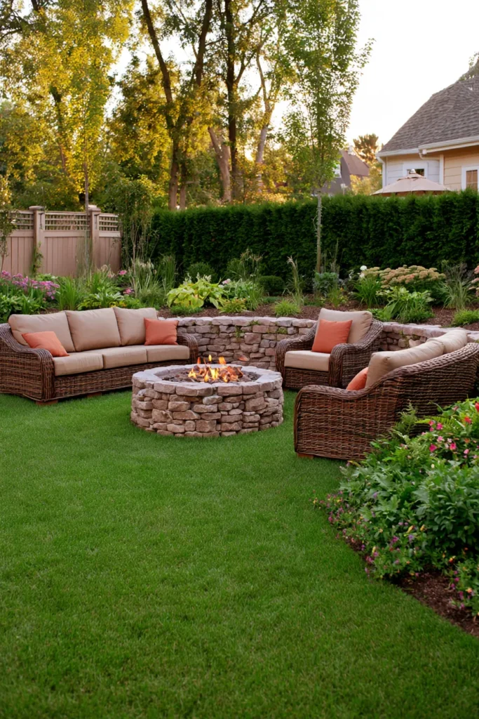 Backyard fire pit seating area with woven furniture, stone ring, lush green lawn, flowering shrubs, and tall trees beyond wooden fence