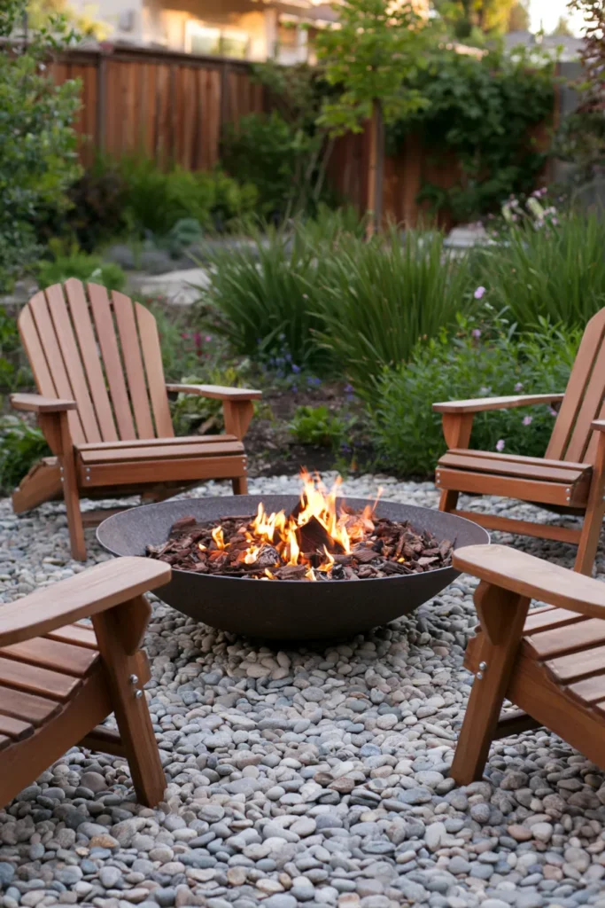 Four wooden Adirondack chairs arranged around a black fire pit bowl with active flames on a white gravel base, surrounded by ornamental grasses and shrubs with wooden fence in background