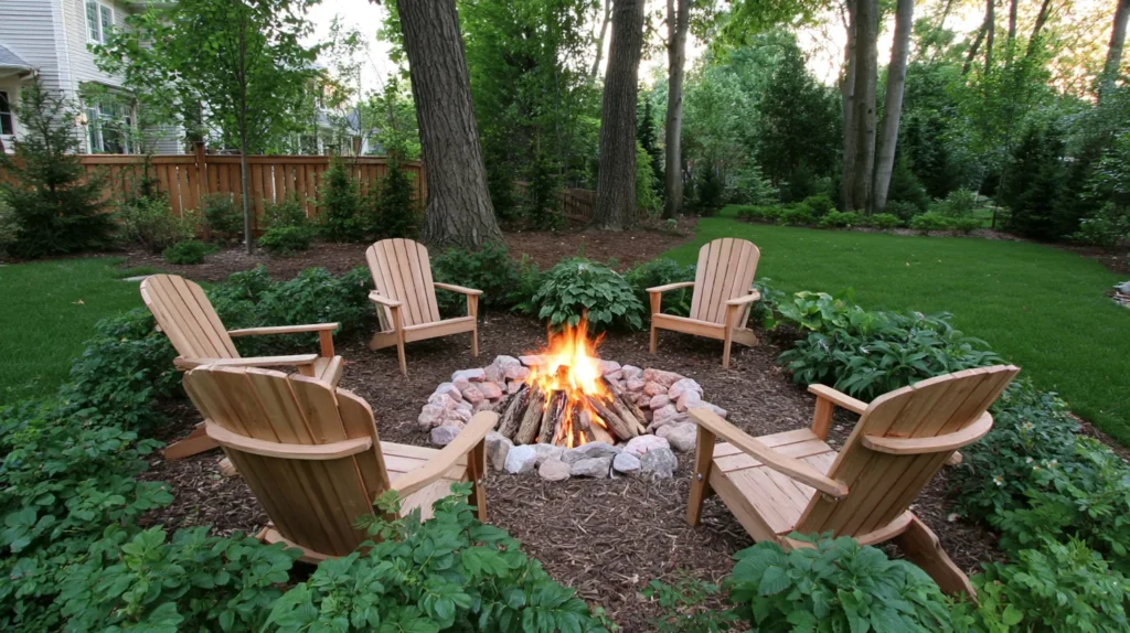 Five wooden Adirondack chairs arranged in a circle around a lit fire pit ringed with stones, surrounded by lush green plants and lawn