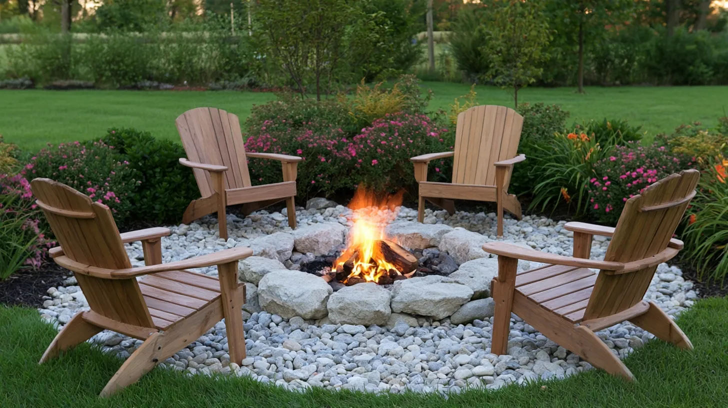 Four wooden Adirondack chairs arranged around a burning fire pit surrounded by white stone, with pink flowering shrubs and green lawn in background