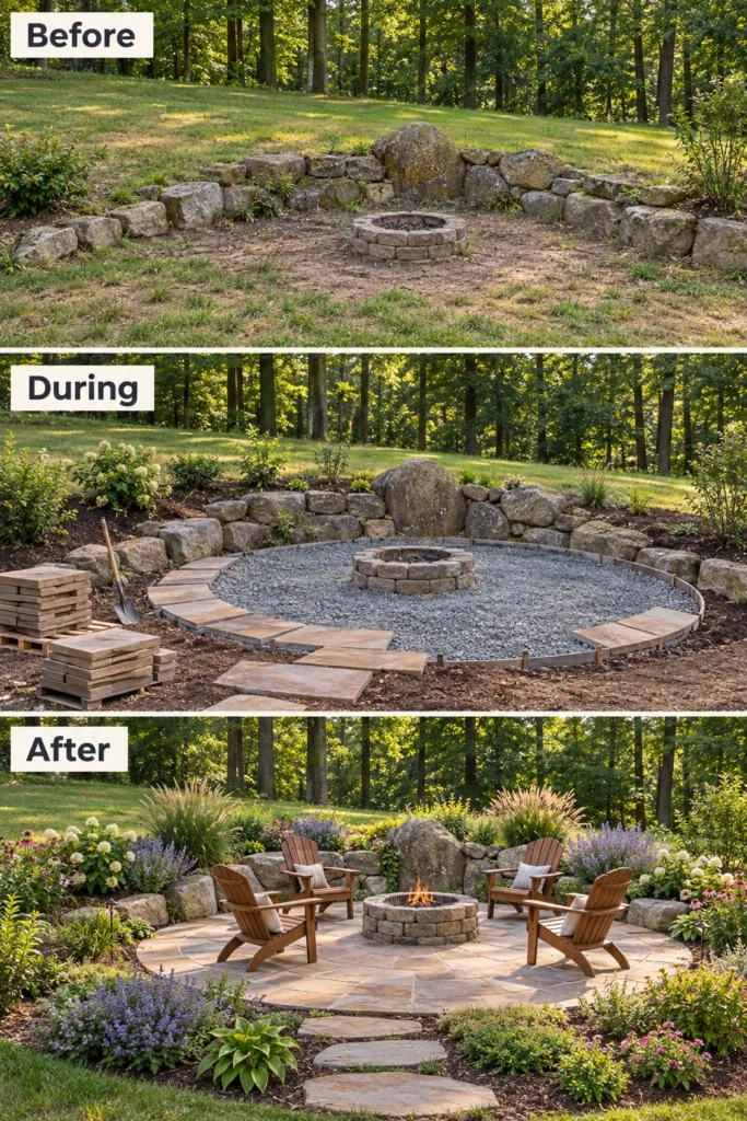 Before and after transformation of a backyard fire pit area from bare stones to a fully landscaped patio with seating, gravel, stone pavers, and flowering plants