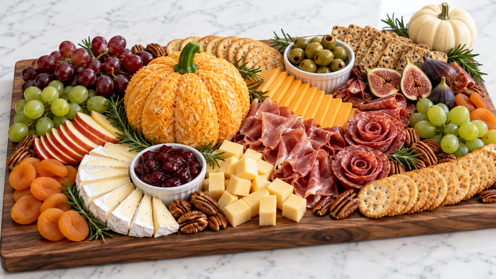 Wooden board filled with red and green grapes, sliced apple, dried apricots, brie, cheddar cubes, prosciutto roses, crackers, pecans, olives, figs, and a decorative pumpkin and mini squash with rosemary sprigs