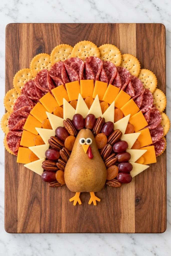 Creative turkey charcuterie board with pear body, crackers, salami, cheese, grapes, and pecans arranged on wooden serving platter
