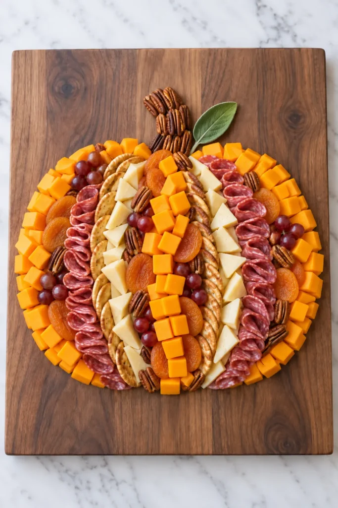 Pumpkin-shaped charcuterie board with cheddar cubes, salami, apricots, pecans, grapes, and cheese slices on wooden surface