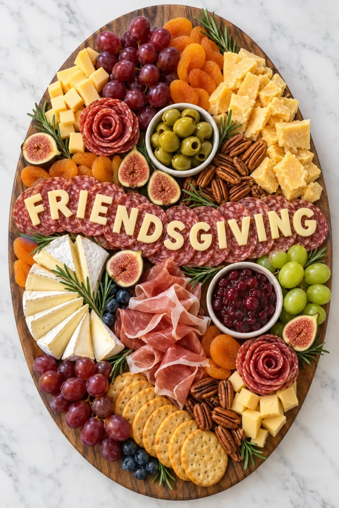 Friendsgiving charcuterie board with cured meats, cheeses, grapes, figs, crackers, nuts, and olives arranged on a wooden platter with "Friendsgiving" spelled in salami
