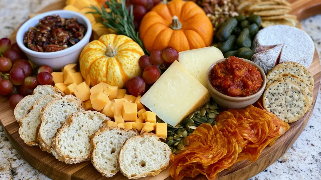 Autumn charcuterie board with sliced bread, cheddar cheese, cured meats, red grapes, mini pumpkins, green beans, and small bowls of dips on a wooden platter