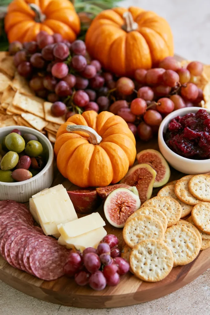 Friendsgiving charcuterie board with orange mini pumpkins, red grapes, sliced salami, cheese, figs, crackers, olives, and jam on a wooden platter