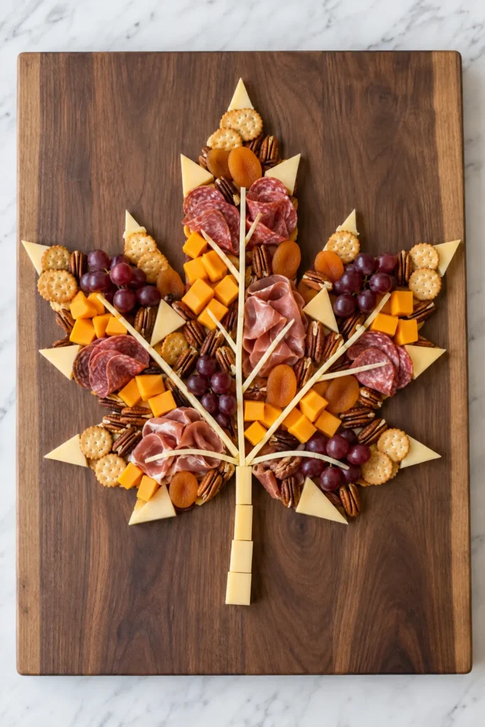 Maple leaf shaped charcuterie board with cheese triangles, cured meats, grapes, crackers, pecans, and apricots arranged on dark wood