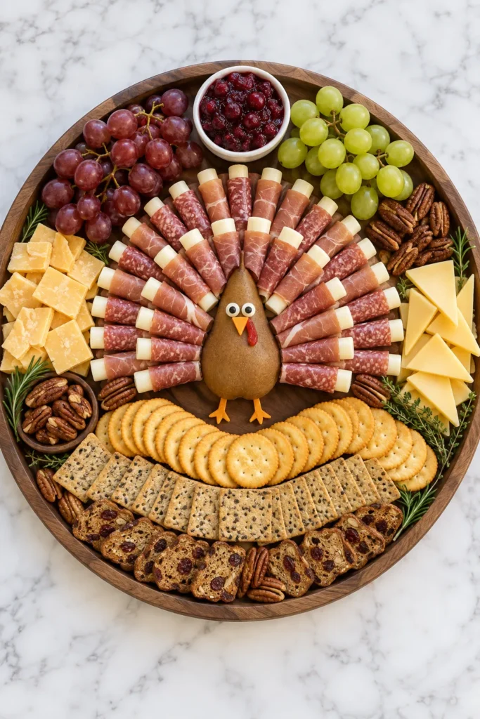 Turkey-shaped charcuterie board with salami and cheese feathers, surrounded by grapes, crackers, cheese, pecans, and jam on marble surface