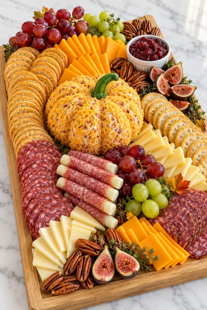 Wooden board loaded with salami slices, cheese, crackers, grapes, figs, pecans, and a pimento cheese ball on marble countertop