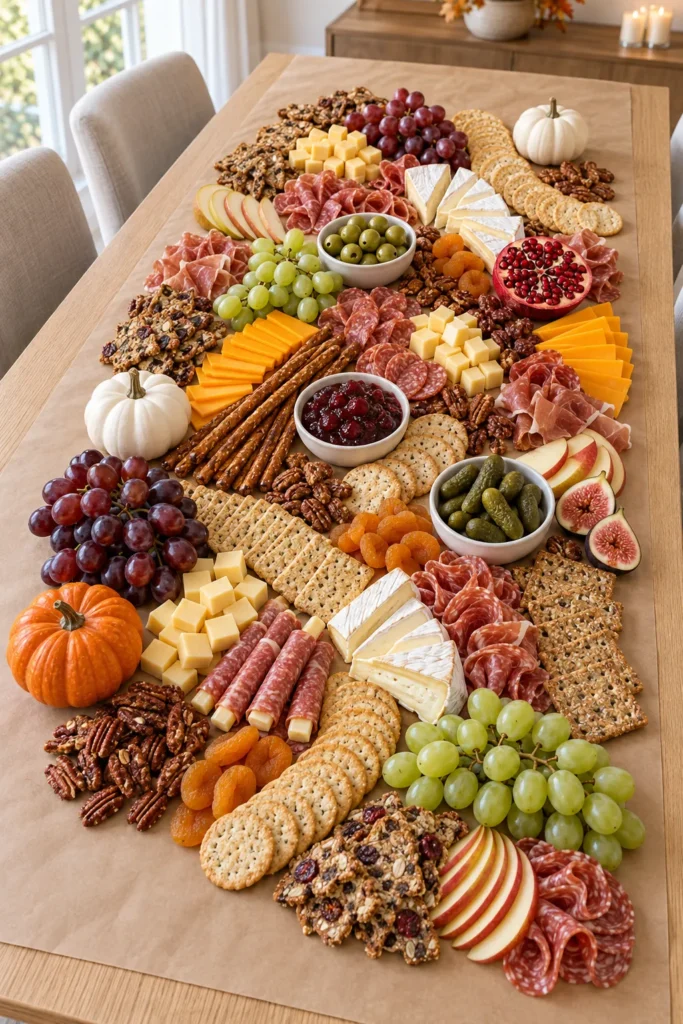 Autumn-themed charcuterie board on wooden table with cured meats, cheeses, crackers, grapes, figs, olives, nuts, and small decorative pumpkins