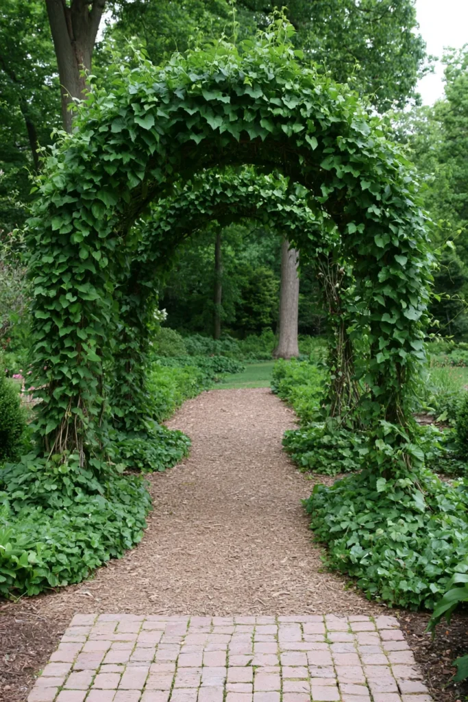 Lush ivy-covered garden archway with gravel path leading through dense green foliage and tall trees beyond