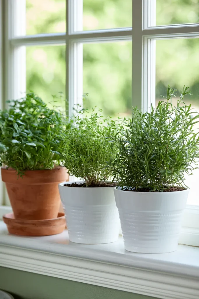 Potted herbs including rosemary and basil on a sunny windowsill with white-framed windows overlooking green garden space