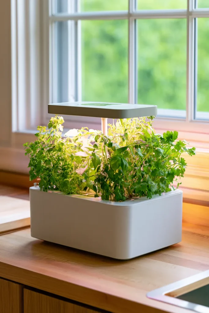 White indoor hydroponic garden with green herbs and leafy plants under grow light on wooden desk by sunny window