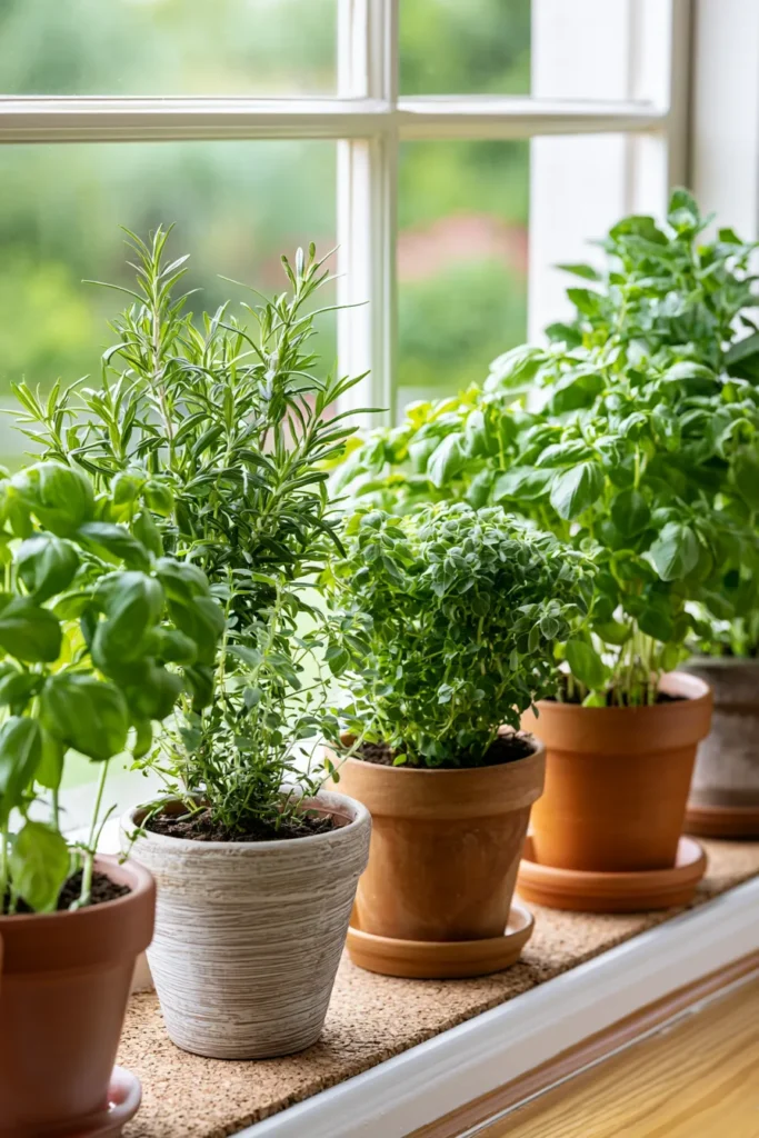 Windowsill herb garden with rosemary and basil in terra cotta and white textured pots, bright green foliage backlit by natural light from the garden outside