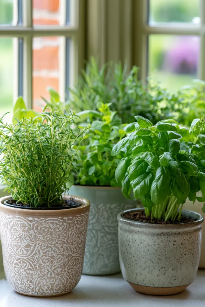 Potted herbs including rosemary and basil in decorative ceramic containers on a windowsill with garden views outside