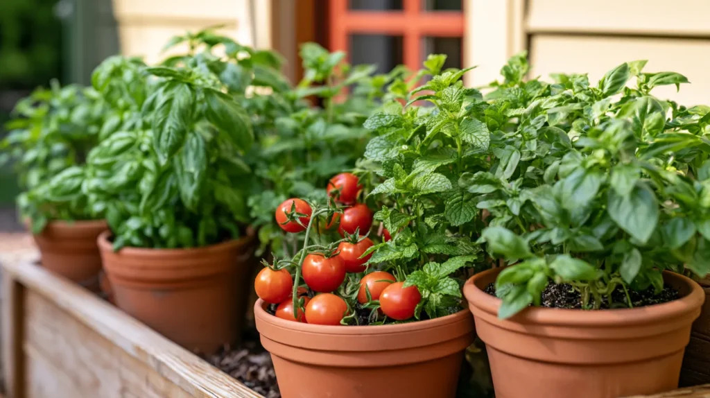 Row of terracotta pots with fresh herbs and cherry tomatoes on a sunny windowsill against a cream and orange building