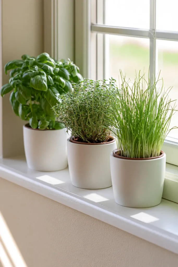 Three potted herbs in white ceramic containers on a sunny windowsill: basil, thyme, and chives