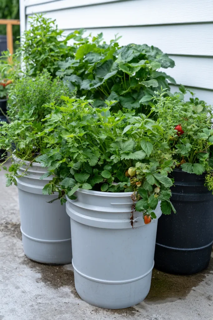 Container vegetable garden with herbs and leafy greens overflowing from white and black buckets against a house with white siding