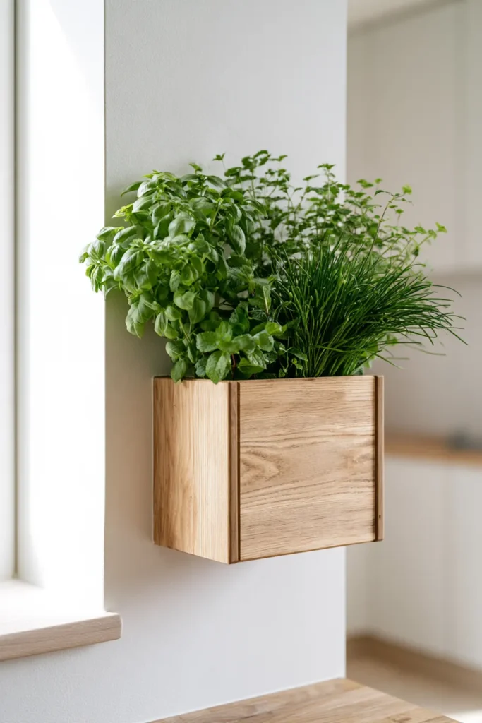 Wooden wall-mounted planter box holding fresh basil, chives, and green herbs in a minimalist kitchen space