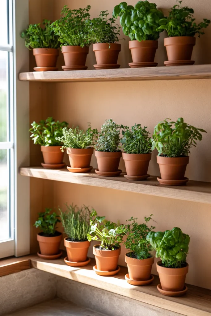 Three wooden shelves lined with fresh herb plants in terracotta pots by a sunny window, including basil, mint, and oregano