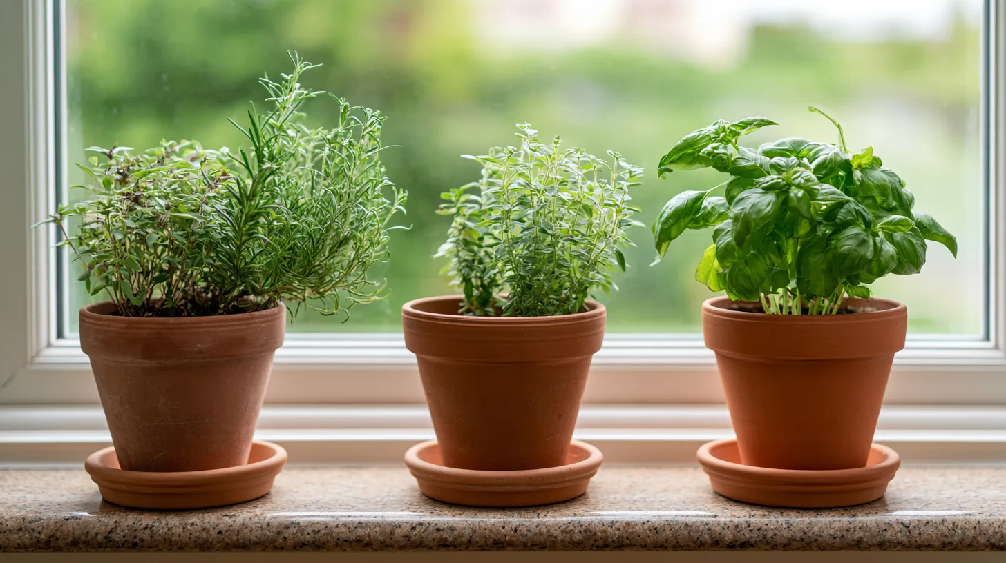 Three potted kitchen herbs on a windowsill—rosemary, thyme, and basil in terracotta pots with saucers, backlit by green garden views